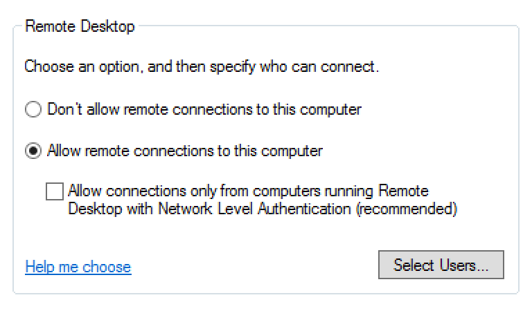 Example of the required RDP server settings